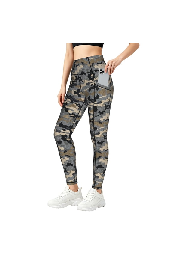 Women's Camouflage Gray High Waisted Yoga Leggings with Pockets, Tummy Control Non See Yoga Pants Medium