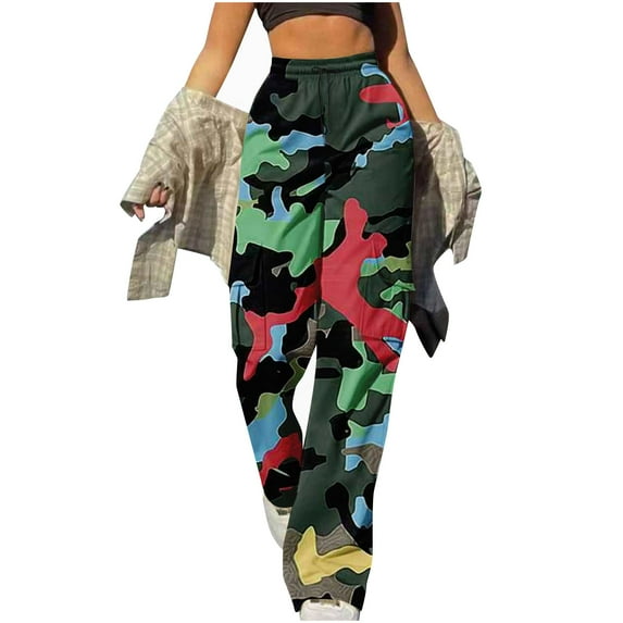 Women's Camouflage High Wais Casual Pants Cargo Pants Elastic Waist Drawstring Pants Wide Leg Y2K Streetwear with Pockets