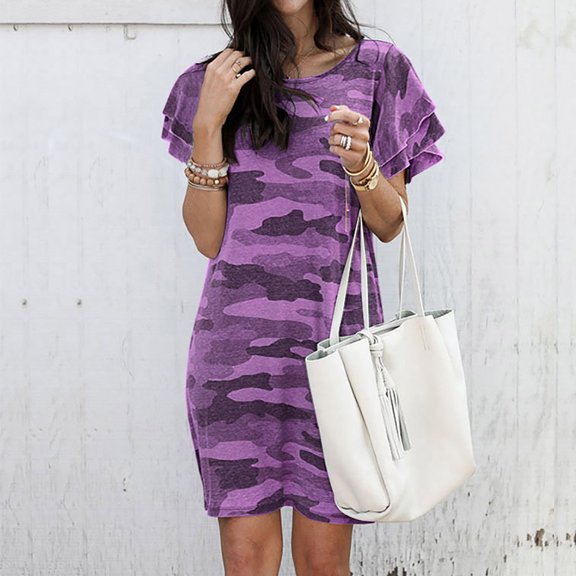 Women's Camouflage Print Summer Dress Casual Short Sleeve Round Neck Lightweight Polyester Fashion Dress for Daily Wear S M L XL XXL