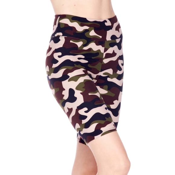 Women's Camouflage Printed 3 inch Wide Waistband Biker Leggings Bike Shorts (Play-do Olive Camo)