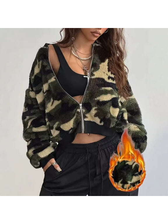 Women's Camouflage Zip Front Jacket, V-Neck Long Sleeve Casual Utility Layer with Ribbed Cuffs and Hem