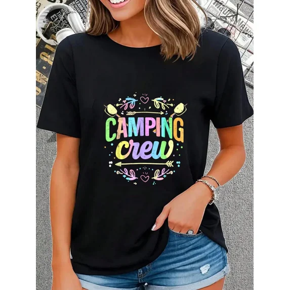 Women's Camping Crew Graphic T-Shirt Short Sleeve Outdoor Adventure Tee