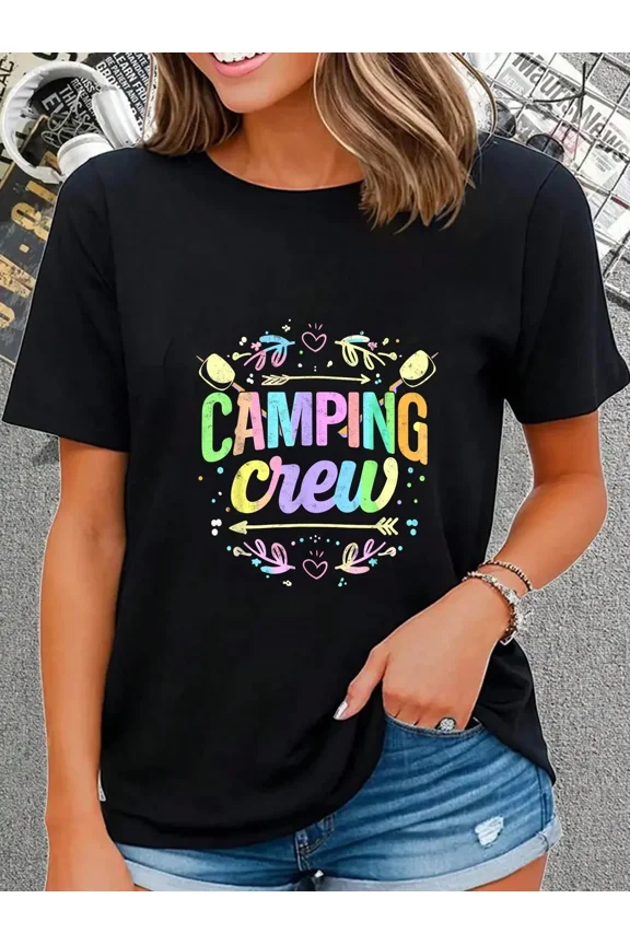 Women's Camping Crew Graphic T-Shirt Short Sleeve Outdoor Adventure Tee