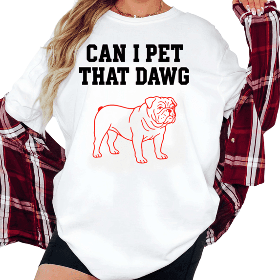 Women's "Can I Pet That Dawg" Bulldog Graphic Comfortable T Shirt Cute Dog Lover Short Sleeve Round Neck Top White S-5XL