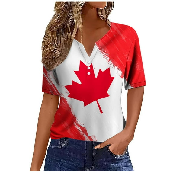 Women's Canada Day Tops Canadian Flag Graphic Print Button Up V-Neck Tshirts Short Sleeved Casual Regular Fit Tees