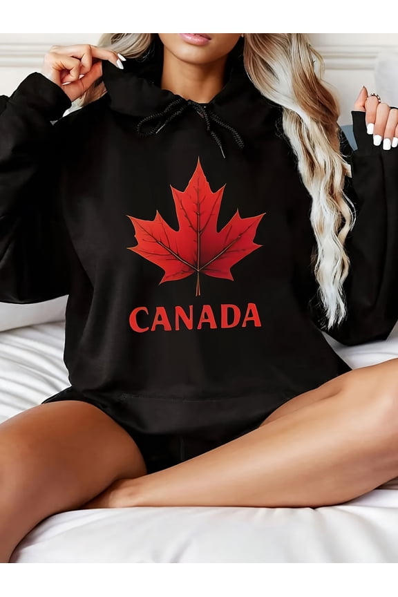 Women's Canada Maple Leaf & Bold CANADA Letter Graphic Hoodie - Black Relaxed Fit Pullover Sweatshirt with Drawstring Hood, Machine Washable, Autumn Winter Casual Wear, Ladies Sweatshirts, Comfortabl