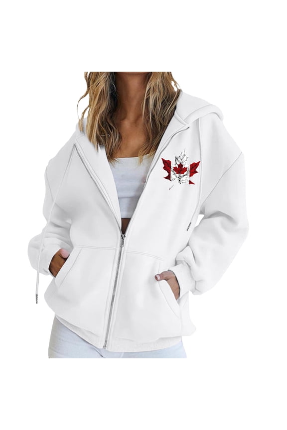 Women's Canada Maple Leaf Print Hooded Sweatshirt, Fashion Casual Oversized Pullover with Drawstring Hood and Front Zipper, Lightweight Breathable Streetwear Jacket for Fall Winter Seasons White L