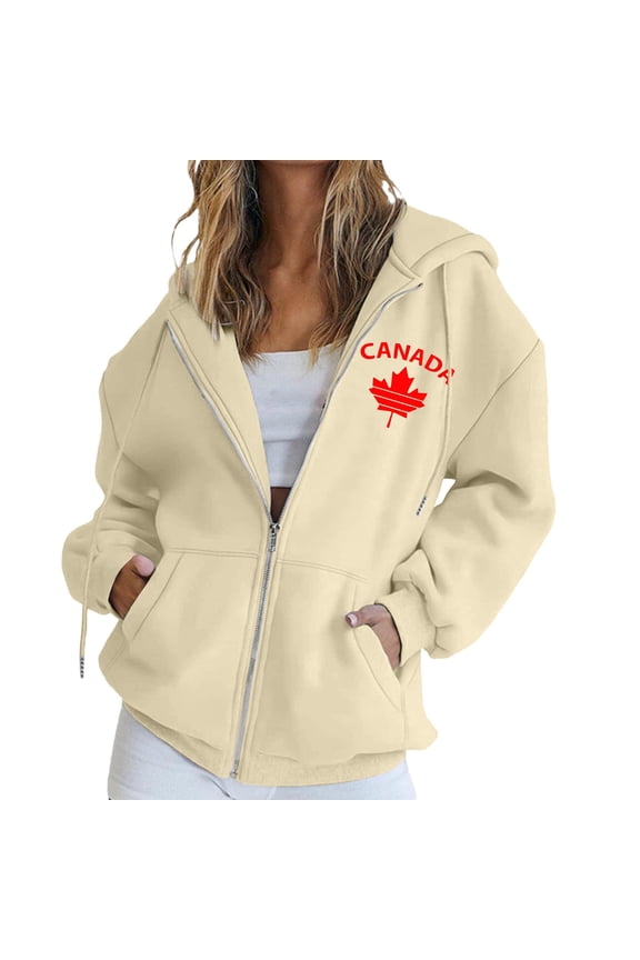 Women's Canada Maple Leaf Print Hooded Sweatshirt, Fashion Casual Oversized Pullover with Drawstring Hood and Front Zipper, Lightweight Breathable Streetwear Jacket for Fall Winter Seasons Beige L