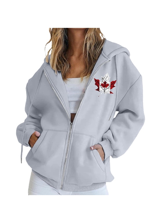 Women's Canada Maple Leaf Print Hooded Sweatshirt, Fashion Casual Oversized Pullover with Drawstring Hood and Front Zipper, Lightweight Breathable Streetwear Jacket for Fall Winter Seasons Grey L