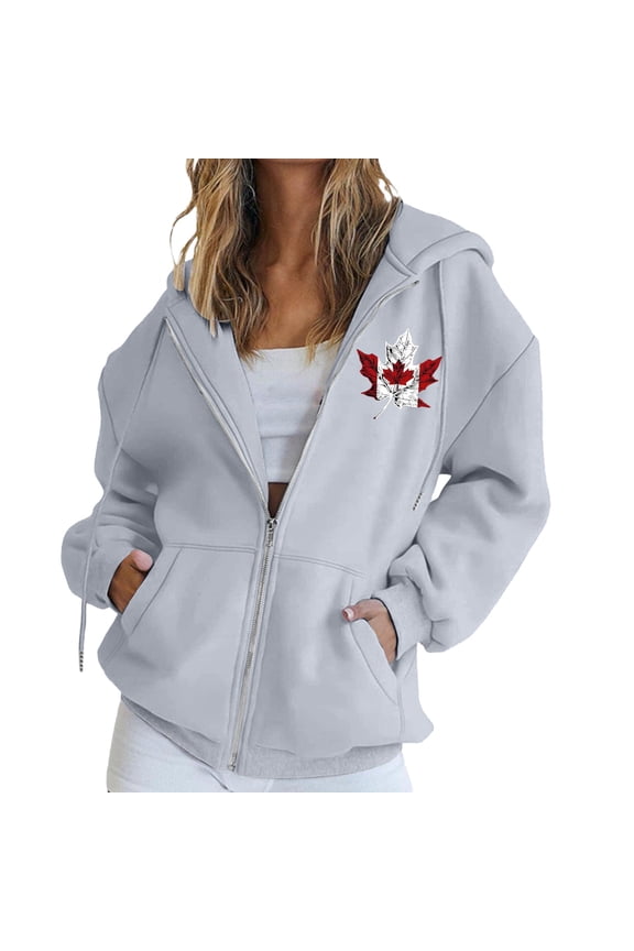 Women's Canada Maple Leaf Print Hooded Sweatshirt, Fashion Casual Oversized Pullover with Drawstring Hood and Front Zipper, Lightweight Breathable Streetwear Jacket for Fall Winter Seasons Grey XL