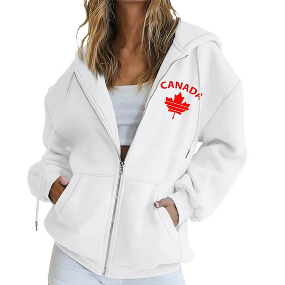 Women's Canada Maple Leaf Print Hooded Sweatshirt, Fashion Casual Oversized Pullover with Drawstring Hood and Front Zipper, Lightweight Breathable Streetwear Jacket for Fall Winter Seasons White S