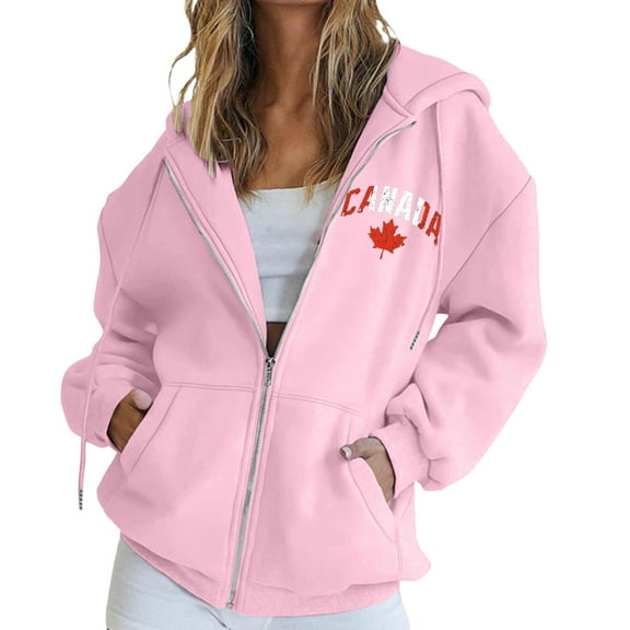 Women's Canada Print Hooded Sweatshirt, Fashion Casual Oversized Pullover with Drawstring Hood and Front Zipper, Lightweight Breathable Streetwear Jacket for Fall Winter Seasons Pink M