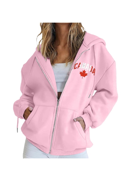 Women's Canada Print Hooded Sweatshirt, Fashion Casual Oversized Pullover with Drawstring Hood and Front Zipper, Lightweight Breathable Streetwear Jacket for Fall Winter Seasons Pink XXL