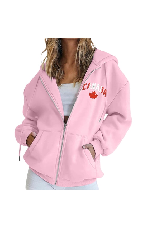 Women's Canada Print Hooded Sweatshirt, Fashion Casual Oversized Pullover with Drawstring Hood and Front Zipper, Lightweight Breathable Streetwear Jacket for Fall Winter Seasons Pink L
