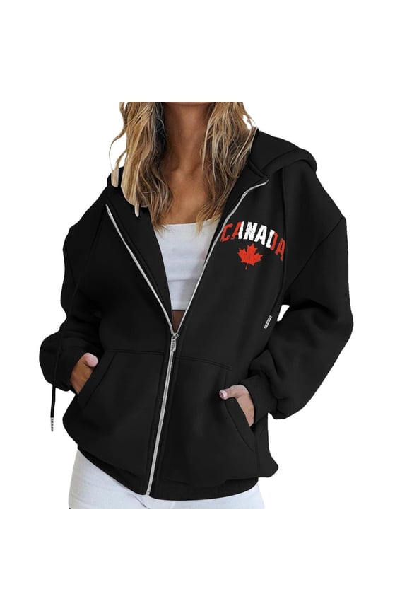 Women's Canada Print Hooded Sweatshirt, Fashion Casual Oversized Pullover with Drawstring Hood and Front Zipper, Lightweight Breathable Streetwear Jacket for Fall Winter Seasons Black XL