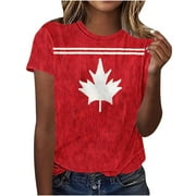 Womens Canadian Maple Leaf Casual Graphic Tees Crew Neck Vintage Script Funny Canada Day T-Shirt Themed Shirts Multicolor, L