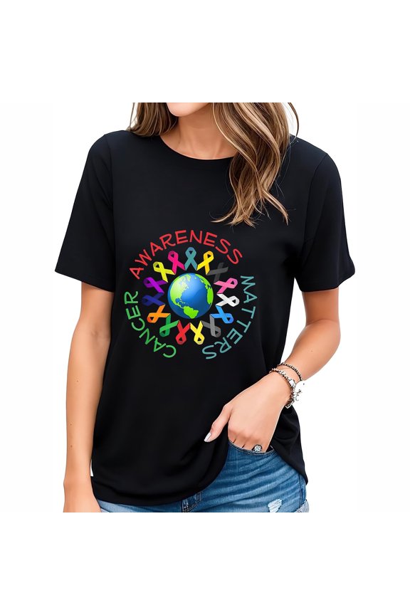 Women's Cancer Awareness Matters Graphic T-Shirt - Colorful Ribbon Globe Support Tee - Inspirational Hope Short Sleeve Top - Black