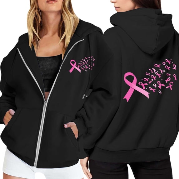 Women's Cancer Awareness Zip Up Hoodie Pullover Long Sleeve Casual Sweatshirt with Front Pocket and Drawstring for Everyday Wear Comfort