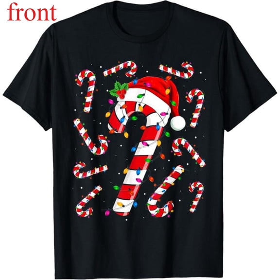 Women's Candy Cane Santa Graphic Comfortable T Shirt Casual Short Sleeve Round Neck Top Black S-5XL