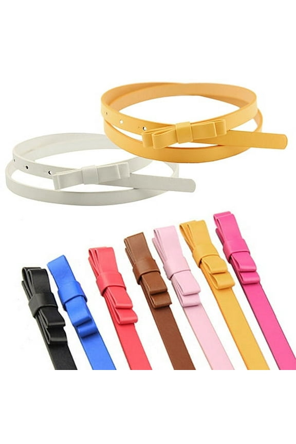 Women's Candy Color 2 Layers Bowknot Thin Narrow Belt PU Leather Waistband Strap,Camel