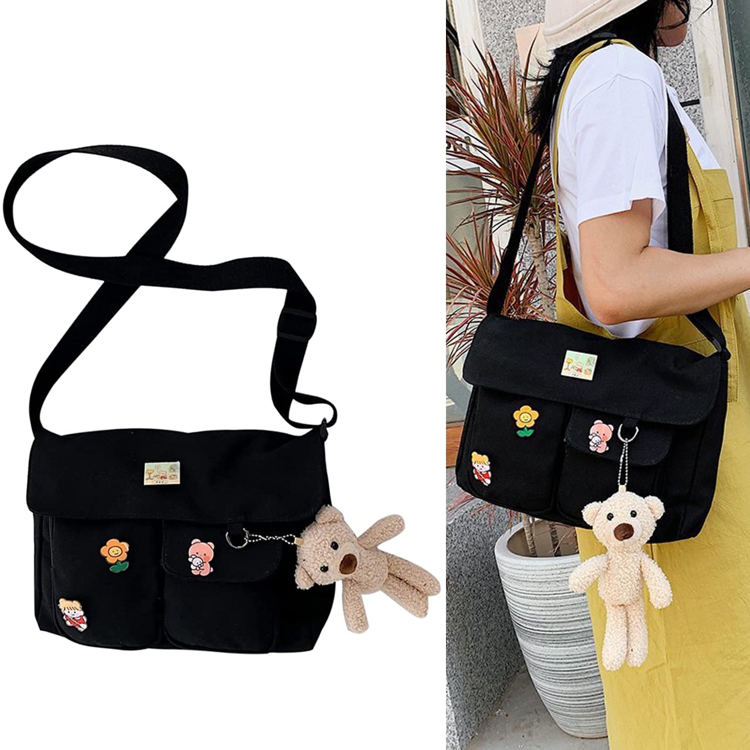 Women's Canvas Crossbody Bag Girls Travel Messenger Bag with Kawaii