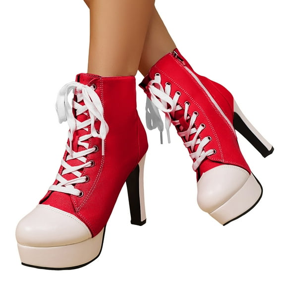 Women's Canvas High Heel Casual Shoes Comfortable Fleece Lined Lace Up Platform Ankle Boot with Side Zipper Red Size 9.5