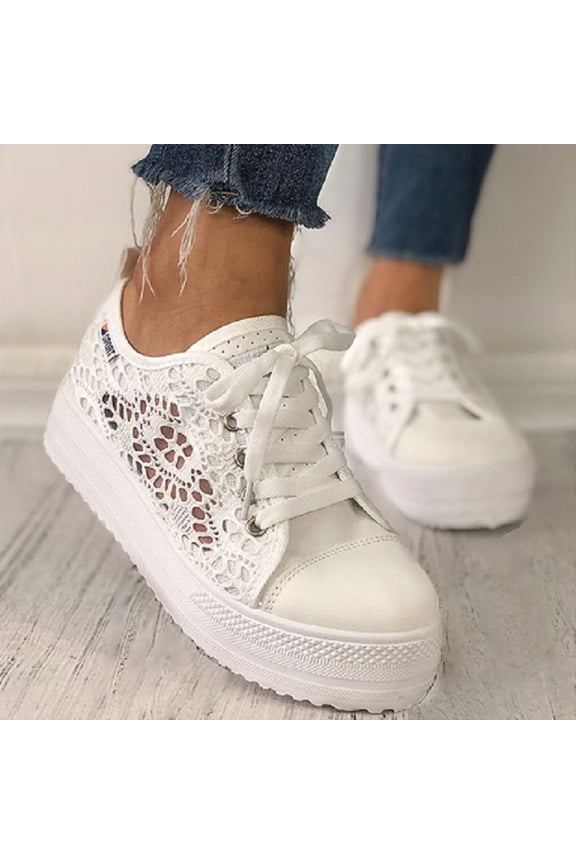 Women's Canvas Lace Mesh Sneakers Lace up Breathable Low Top Round Toe Shoes (White 38)