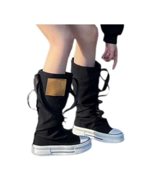 Women’s Canvas Mid Calf Sneakers, Lace-Up Platform Casual Boots, Round Toe Shoes