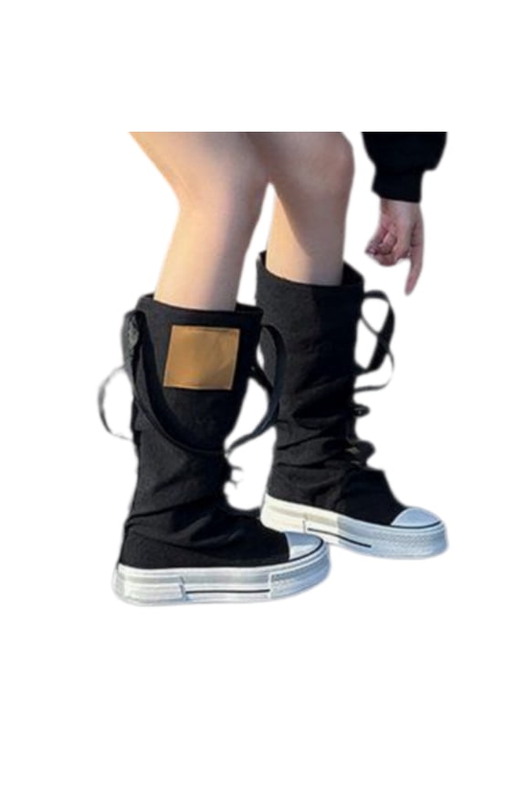 Women’s Canvas Mid Calf Sneakers, Lace-Up Platform Casual Boots, Round Toe Shoes