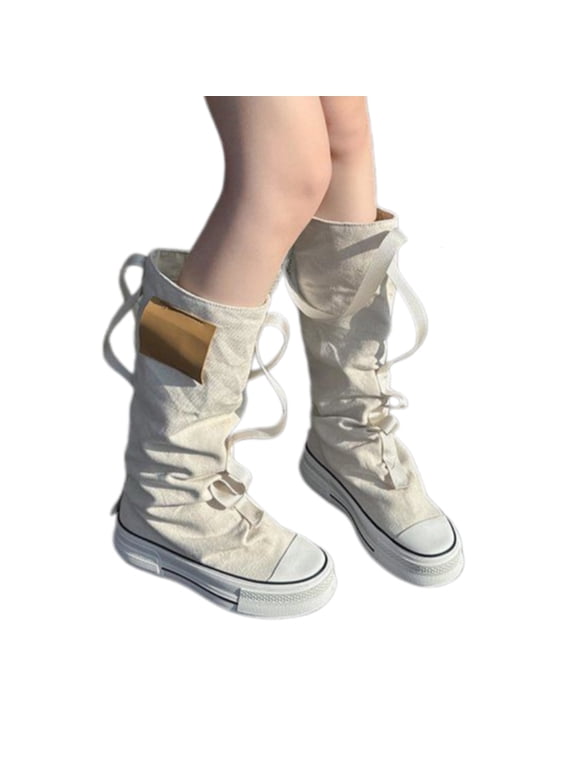 Women’s Canvas Mid Calf Sneakers, Lace-Up Platform Casual Boots, Round Toe Shoes