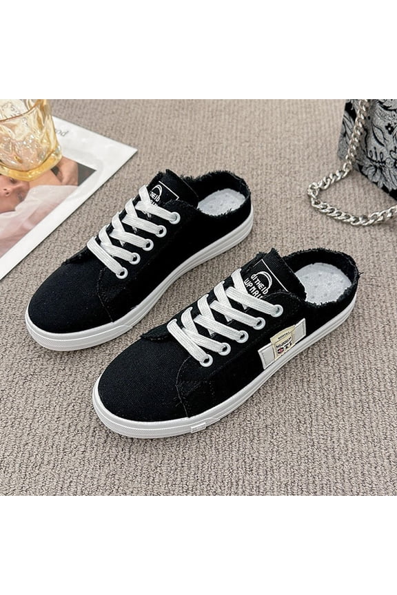 Women's Canvas Mule Sneakers, Slip-On Flat Bottom Lazy Shoes with Warm Lining