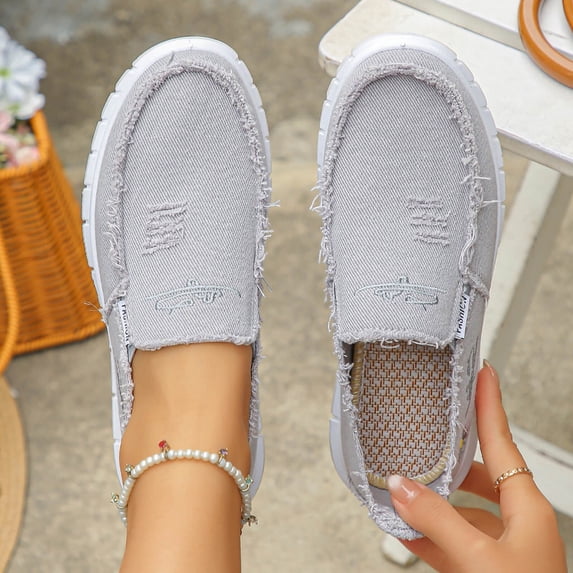 Women's Canvas Slip-On Loafers with Frayed Edges, Lightweight Comfortable Casual Shoes, Footwear for Everyday Walking and Outdoor Activities Gray 39
