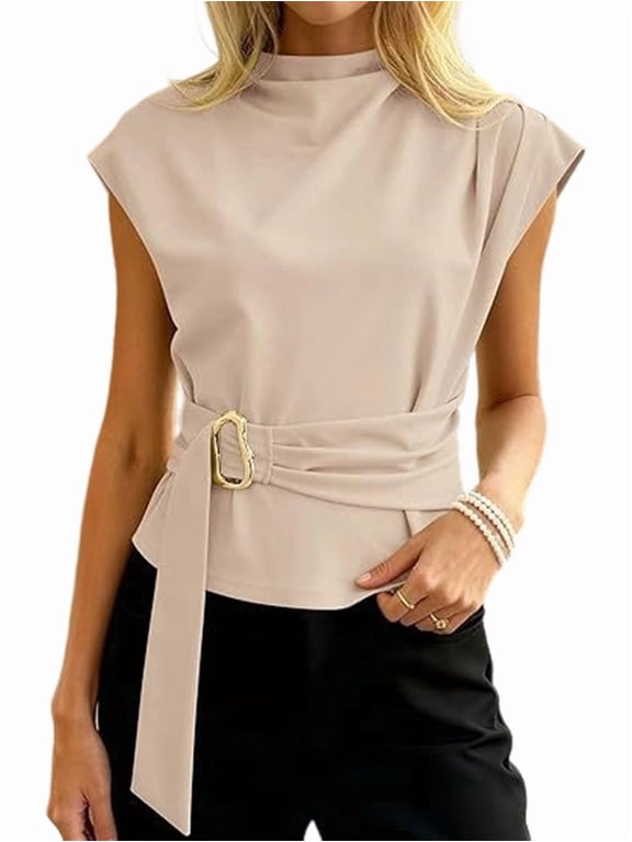 Women's Cap Sleeve Blouses Mock Neck Shirts Buckle Tunic Business Tops Blouse Shirt Top for Summer Spring Casual Work Color M