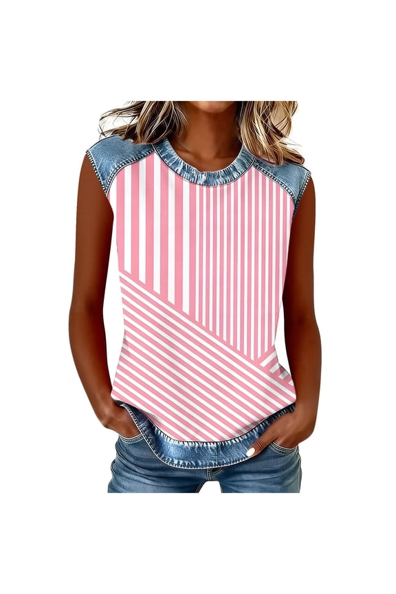 Women's Cap Sleeve Denim Patchwork Graphic Striped Tops Summer Crew Neck Loose Fit T-Shirts, Casual Soft Lightweight Trompe L'oeil A-Line Raglan Style Shirt for Women 2026