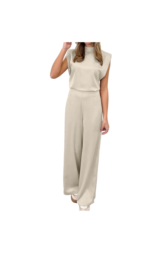Women's Cap Sleeve Formal Jumpsuit Casual Dressy Empire Waist Wide Leg Mock Neck Elegant Satin Loose Rompers