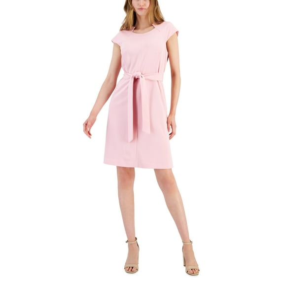 Women's Cap-Sleeve Seamed Belted Dress Pink M