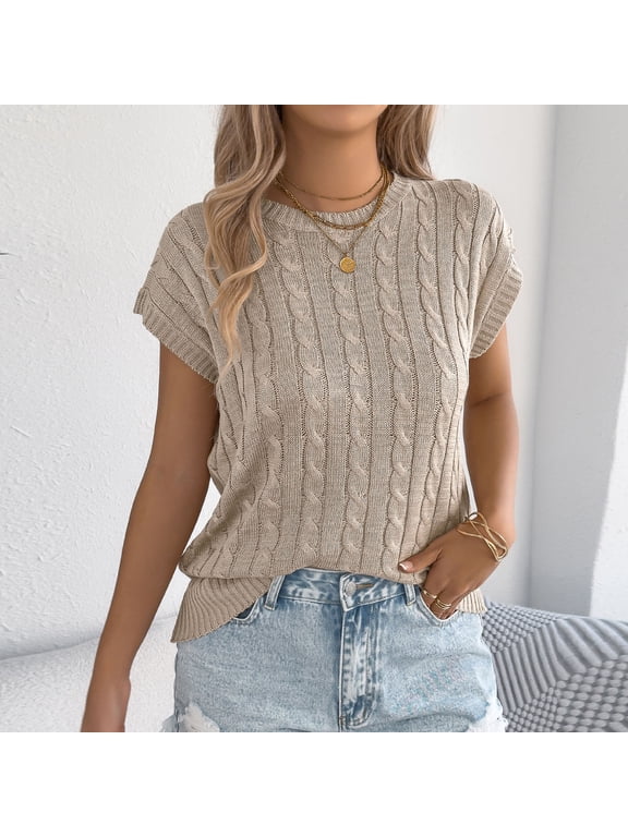 Women's Cap Sleeve Sweaters Vests Summer Cable Knitted Tank Tops Loose Crewneck Pullover Sweaters Tank Tee Shirts Khaki M