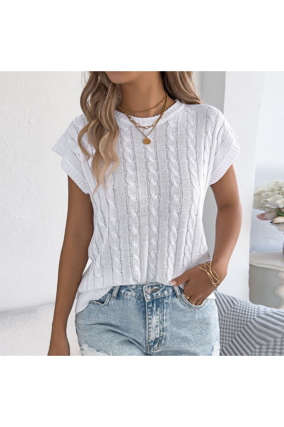 Women's Cap Sleeve Sweaters Vests Summer Cable Knitted Tank Tops Loose Crewneck Pullover Sweaters Tank Tee Shirts White M