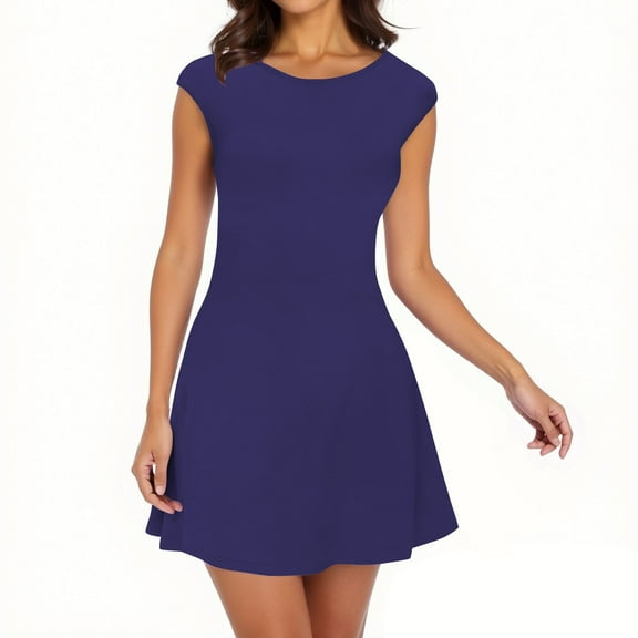 Women's Cap Sleeve Swing Mini Dresses 2025 Summer Trendy Crewneck A-Line Elegant Cocktail Office Dress Short Dresses