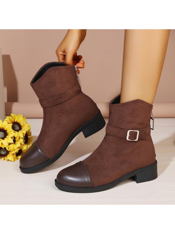 Women's Cap Toe Ankle Boots, Faux Leather & Suede Spliced Boots, Buckle Strap Low Block Heel Back Zipper Short Boots