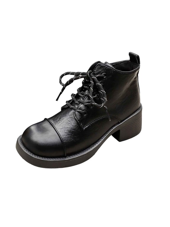 Women’s Cap Toe Lace Up Combat Ankle Boots, Leather Chunky Block Heel Short Booties, Round Toe Platform Shoes Black 5(36)