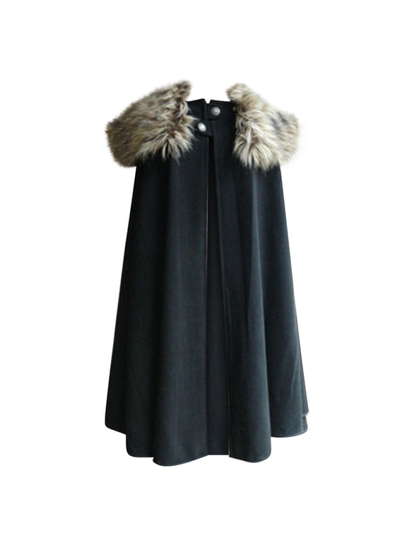 Women's Cape Coat Windproof Faux Fur Collar Cloak Winter Formal Outerwear Cloaks Navy M