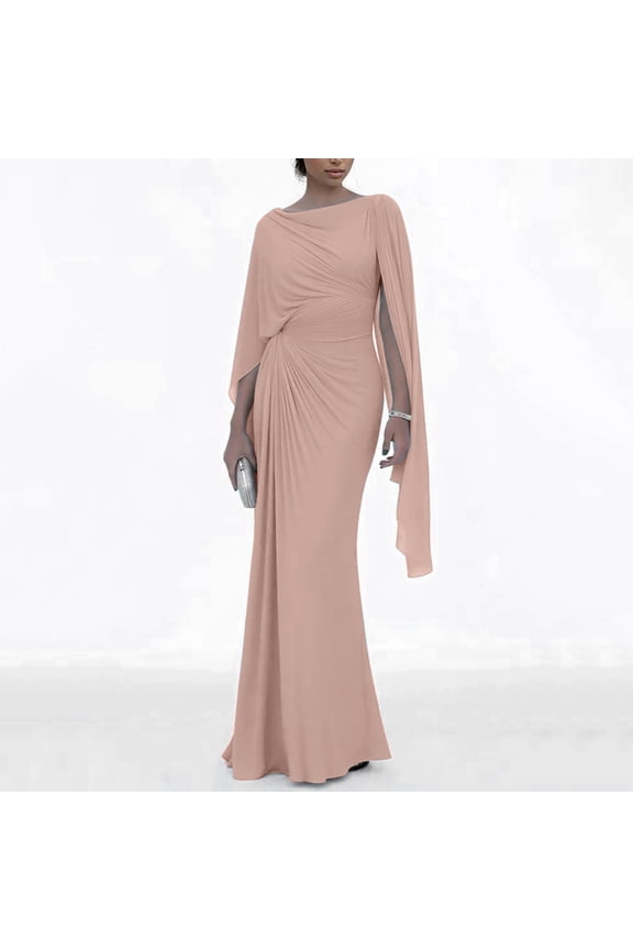 Women's Cape Sleeve Bodycon Maxi Dress, Pleated Solid Color Long Gown, One Shoulder Formal Dress for Wedding Guest, Evening Party and Date Night Beige XXL