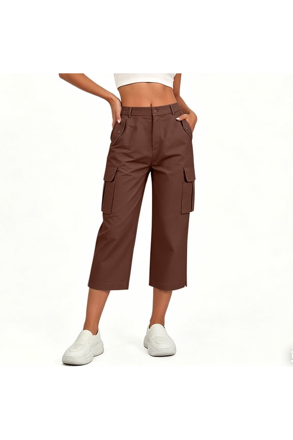 Women's Capri Cargo Pants, High Waisted Cropped Pants with Pockets, Elastic Waist Drawstring Lightweight Casual Trousers for Everyday Wear