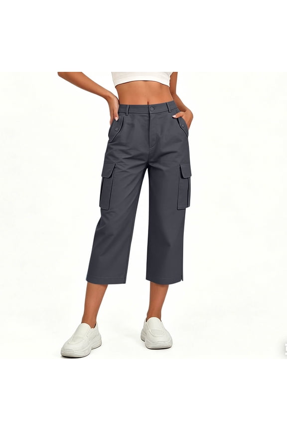 Women's Capri Cargo Pants, High Waisted Cropped Pants with Pockets, Elastic Waist Drawstring Lightweight Casual Trousers for Everyday Wear