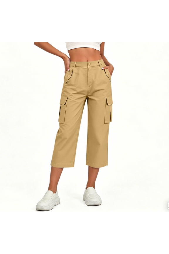 Women's Capri Cargo Pants, High Waisted Cropped Pants with Pockets, Elastic Waist Drawstring Lightweight Casual Trousers for Everyday Wear