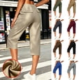 thumbnail image 1 of Women's Capri Cargo Pants, Polyester Blend High Waist Button Closure, Straight Leg Loose Fit Pants with Pockets for Casual Daily | TruBelle,Blue S, 1 of 8