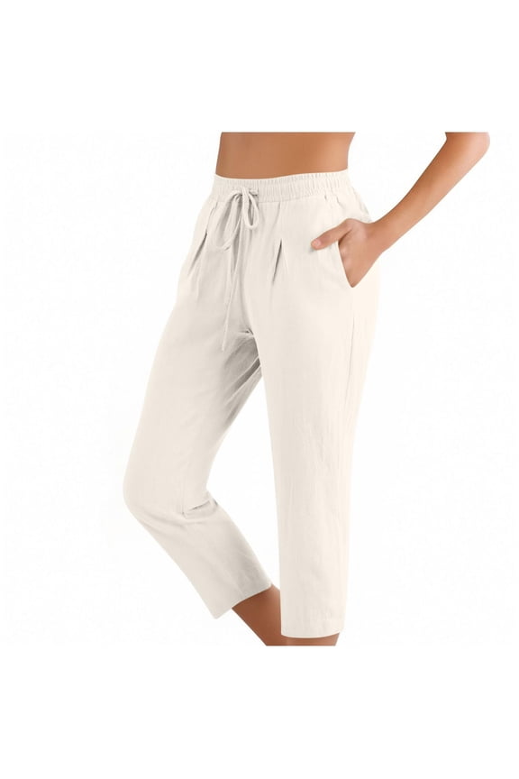 Women's Capri Cotton Linen Pants Loose Soft Drawstring Workout Sweatpants Causal Lounge Pants with Pockets White L