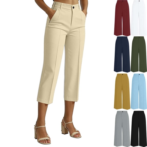 Women's Capri Dress Pants Business Casual High Waist Stretchy Workwear Office Straight Leg Solid 3/4 Length Work Pants