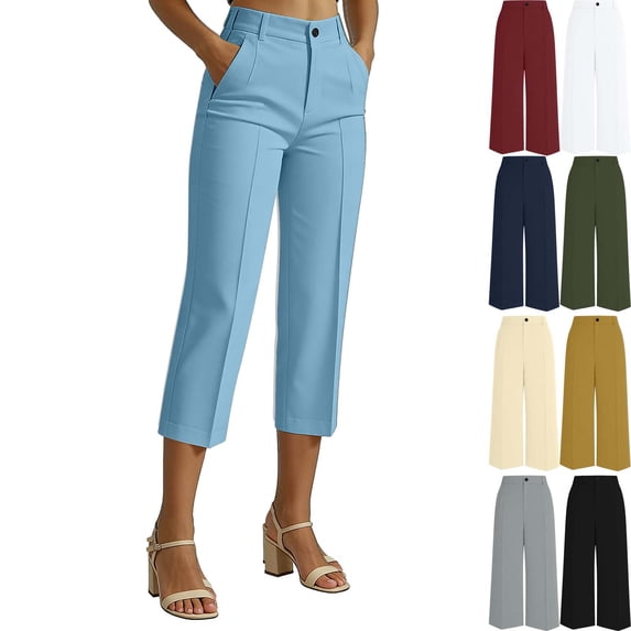 Women's Capri Dress Pants Business Casual High Waist Stretchy Workwear Office Straight Leg Solid 3/4 Length Work Pants